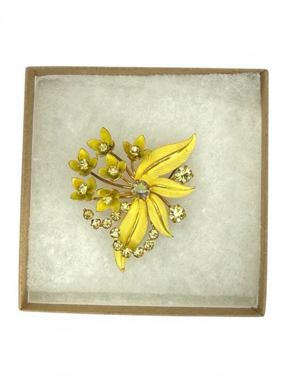 Vintage Austria Floral Rhinestone Brooch Gold Tone Spray Aurora Borealis Mid